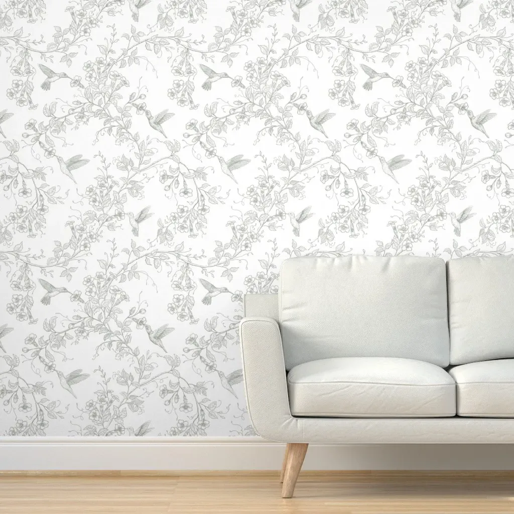 Hummingbirds Floral Vine Toile Peel and Stick Wallpaper - Sage Green product