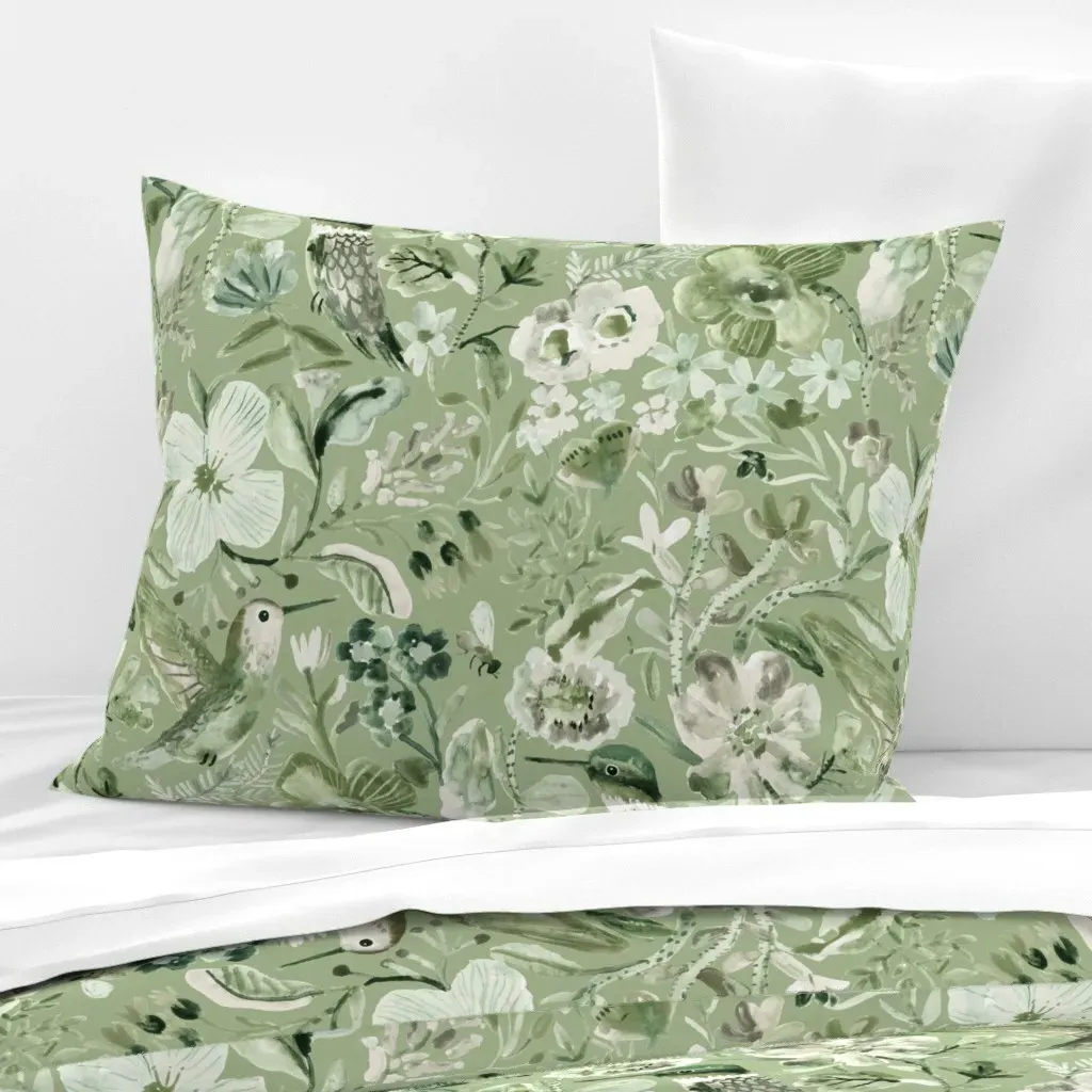Hummingbirds Florals Standard Knife Edge Cushion Cover - Green, Cotton Sateen product