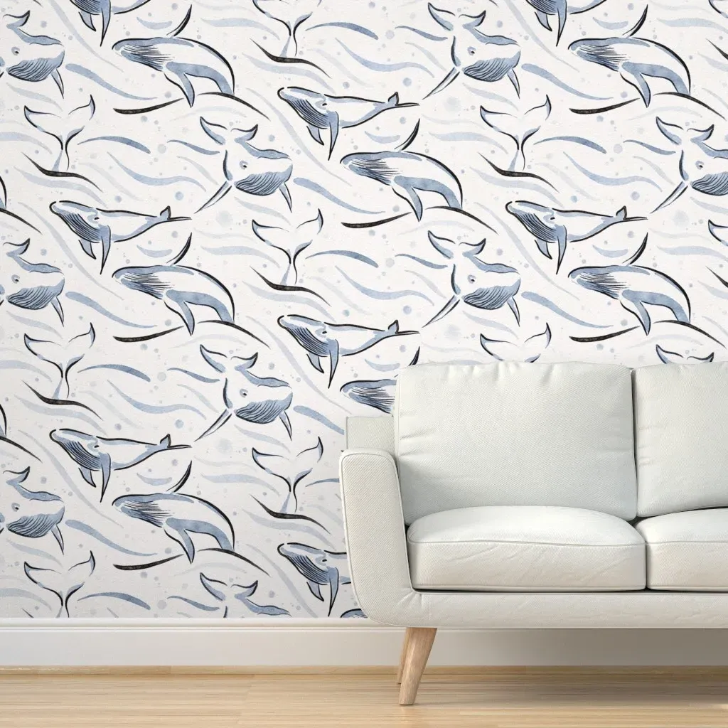 Humpback Whale Peel and Stick Wallpaper - Blue, Watercolor product