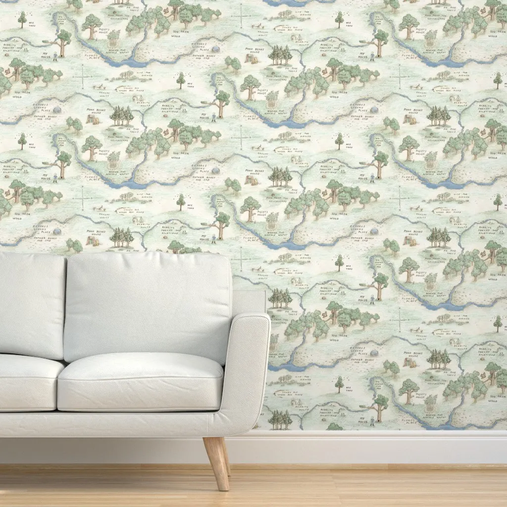 Hundred Acre Woods Map Toile Peel and Stick Wallpaper - Light Green product