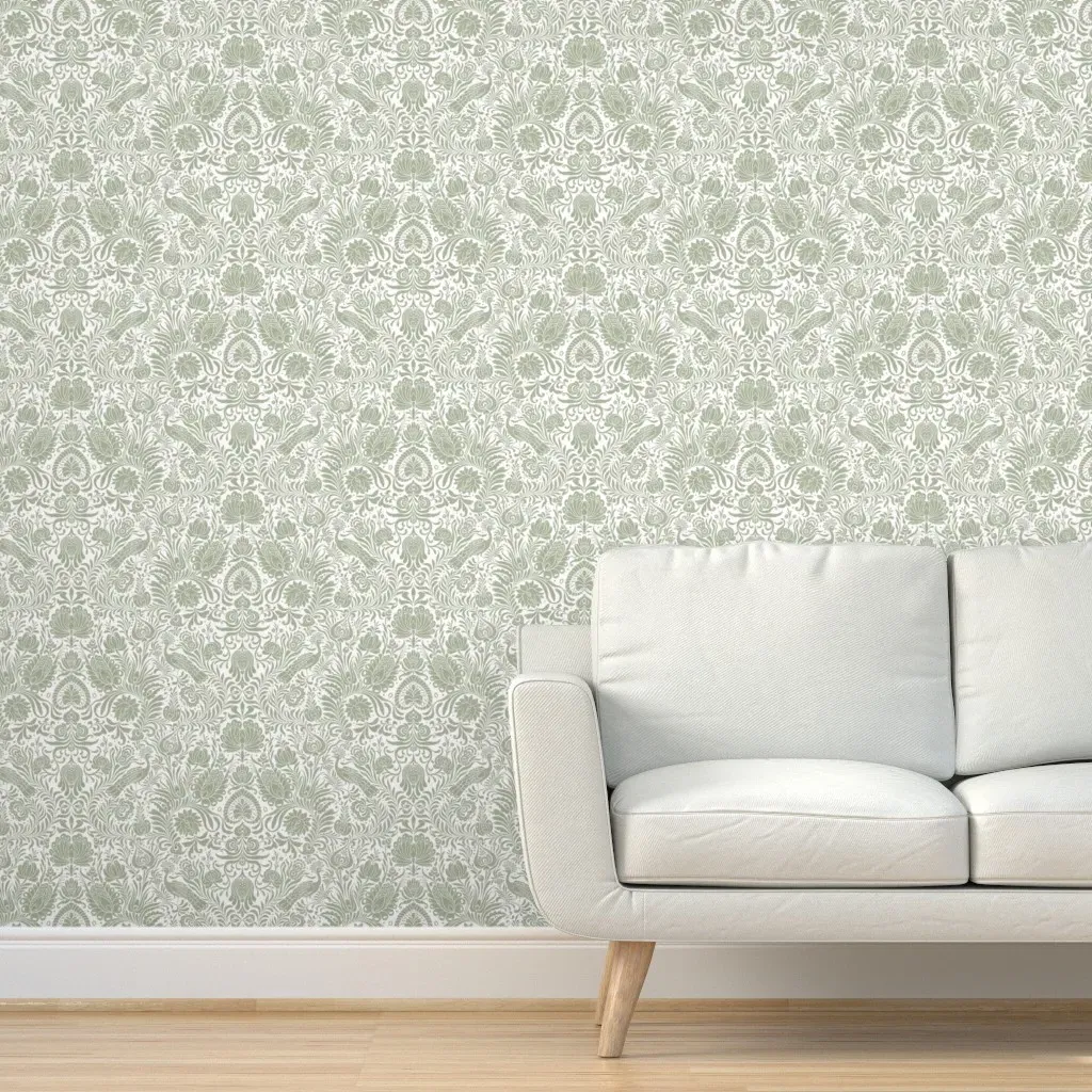 Hungarian Peacock Damask Peel and Stick Wallpaper - Sage Green product