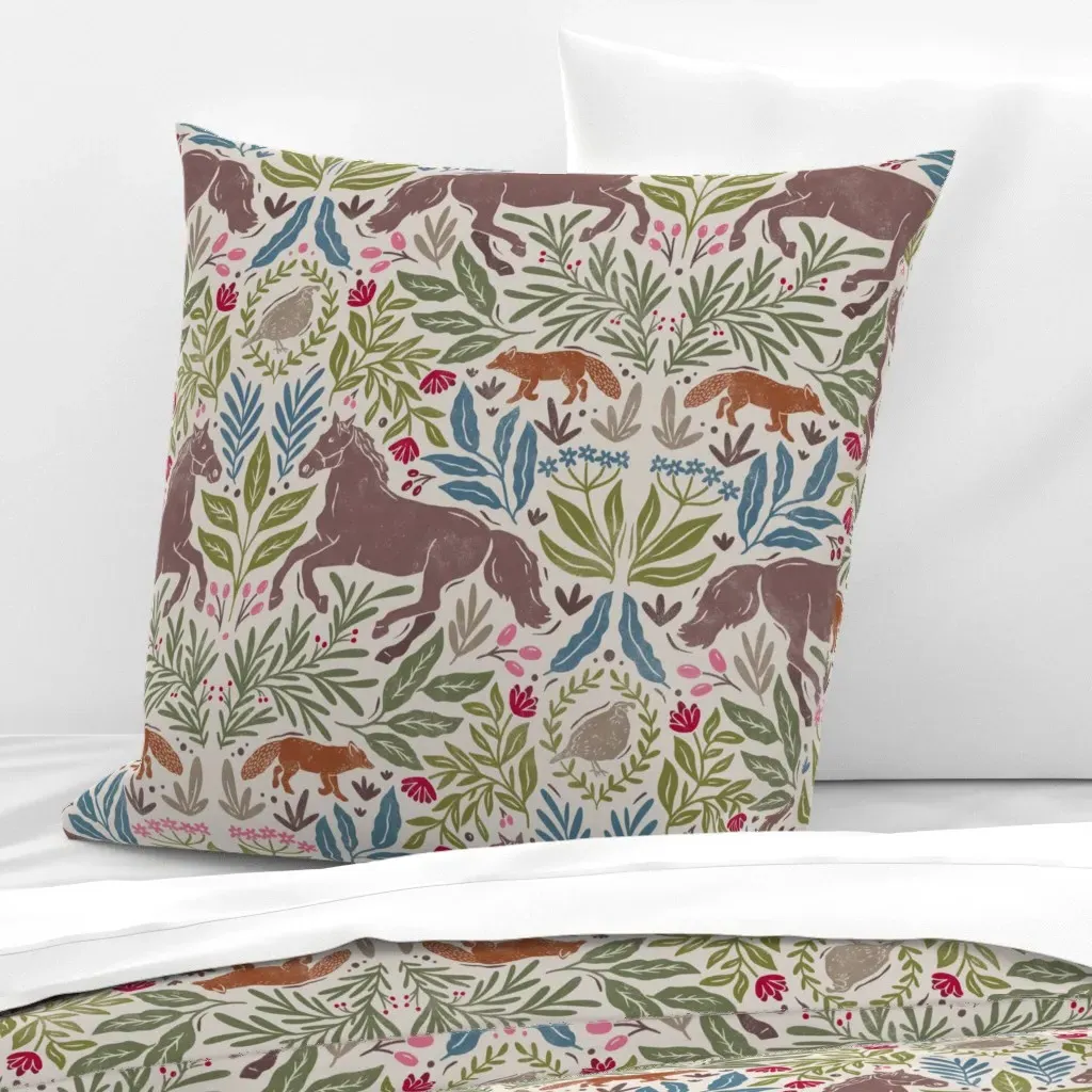 Hunt Club Blockprint Horse Fox Grouse Euro Pillow Sham - Cream product