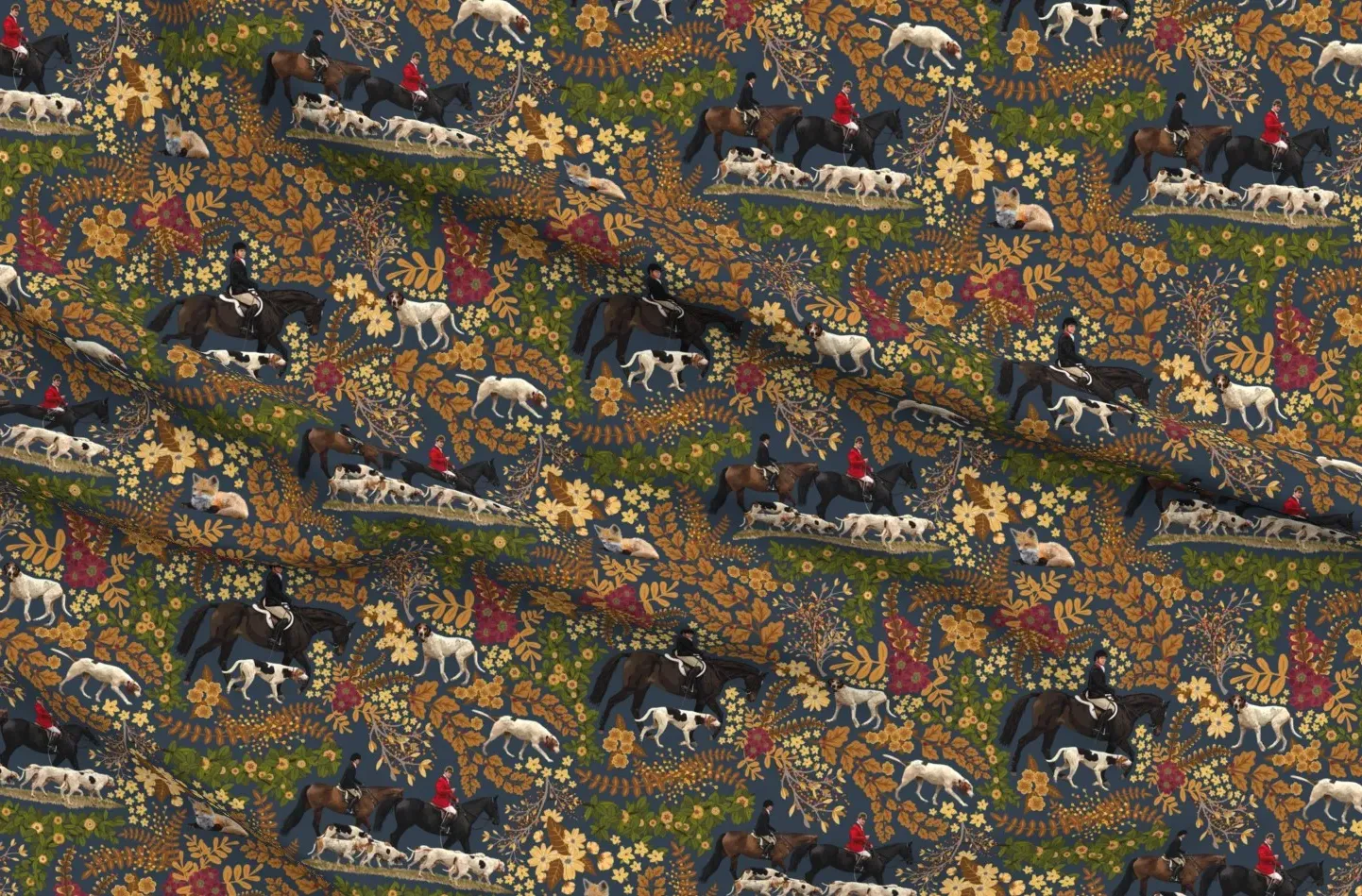 Hunt Country Home Fox Hunt In Flowers Pique Fabric - Dark Teal product