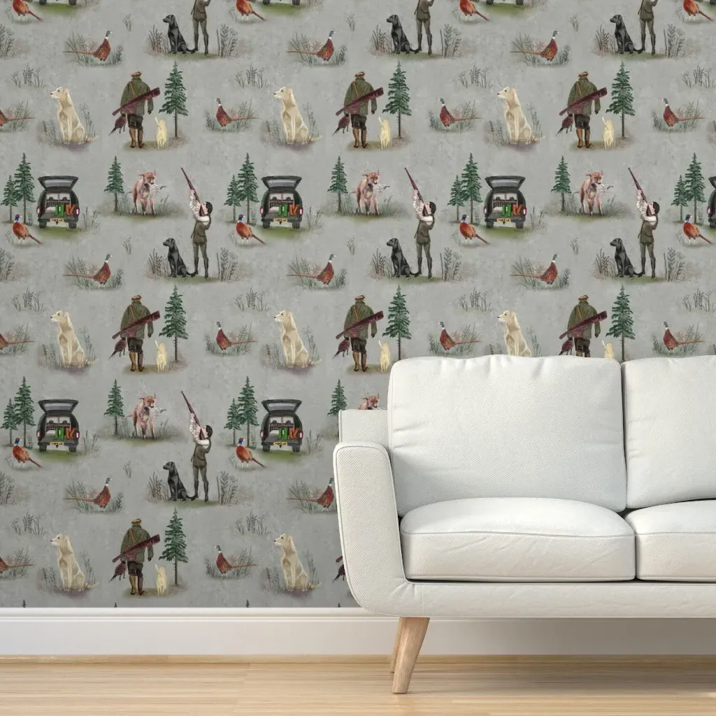Hunting Pheasants Labradors Peel and Stick Wallpaper - Gray product