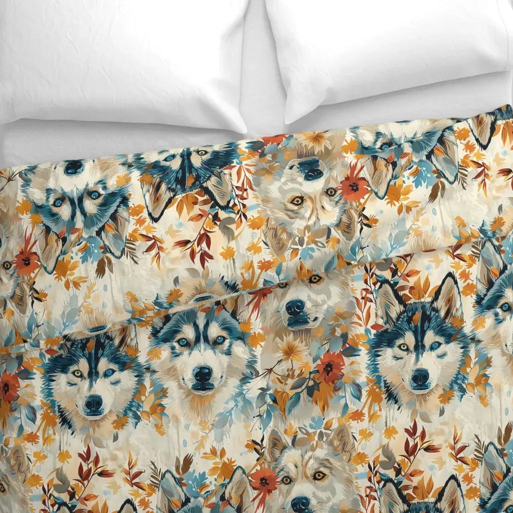 Huskies In Nature Fall Large Duvet Cover - Blue alternate view