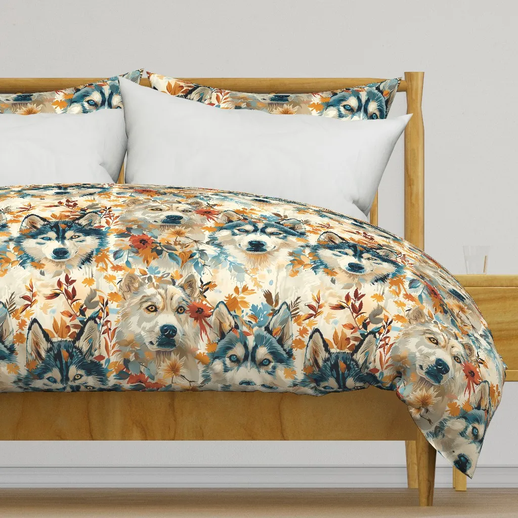 Huskies In Nature Fall Large Duvet Cover - Blue product