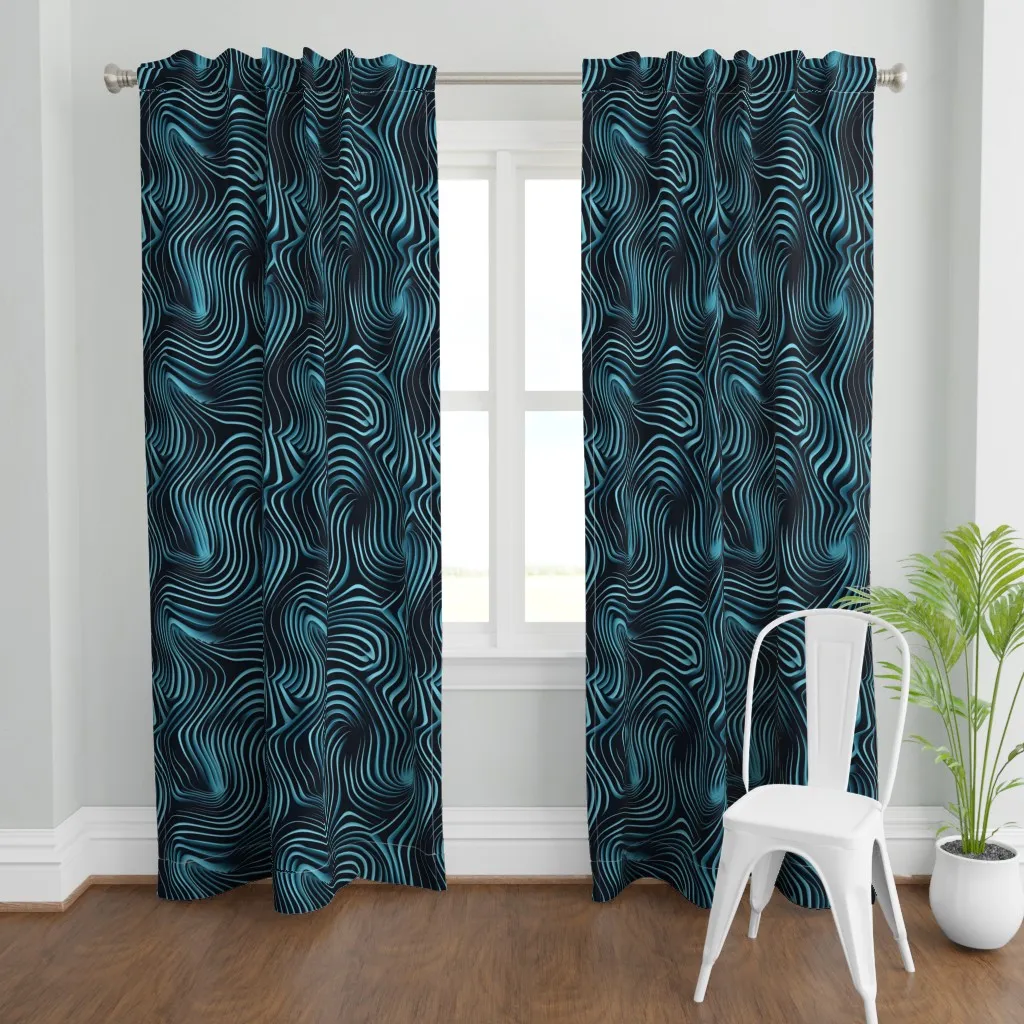 Hypnotic Teal Black Waves Curtain Panel - Teal product