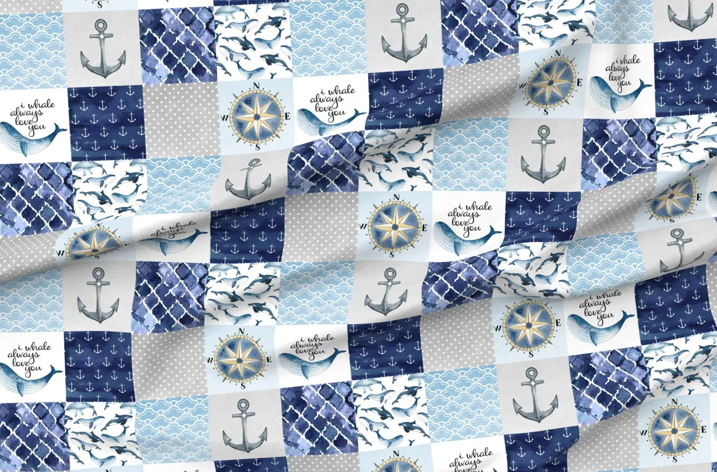 I Whale Always Love You Wholecloth Cheater Quilt Yardage - Blue, White product