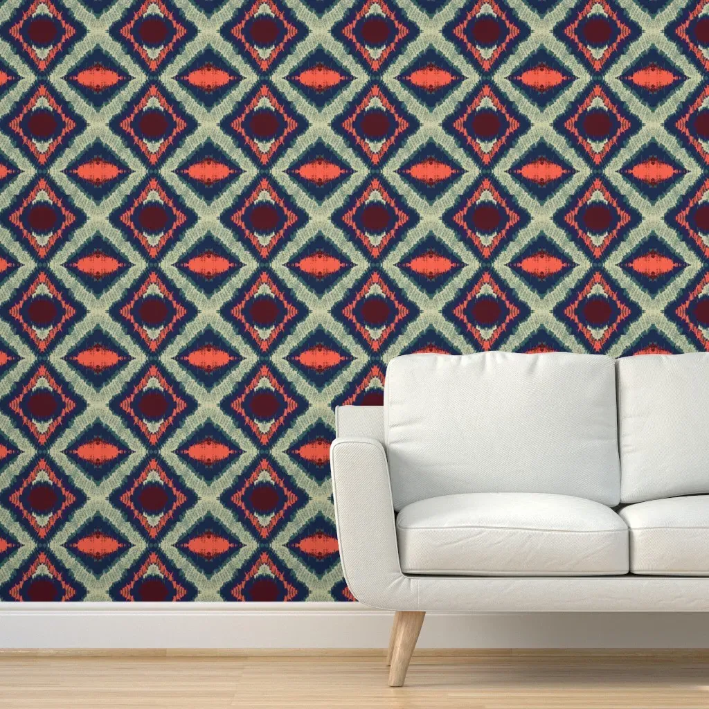 Ikat Tribal Pattern Peel and Stick Wallpaper - Coral Red product
