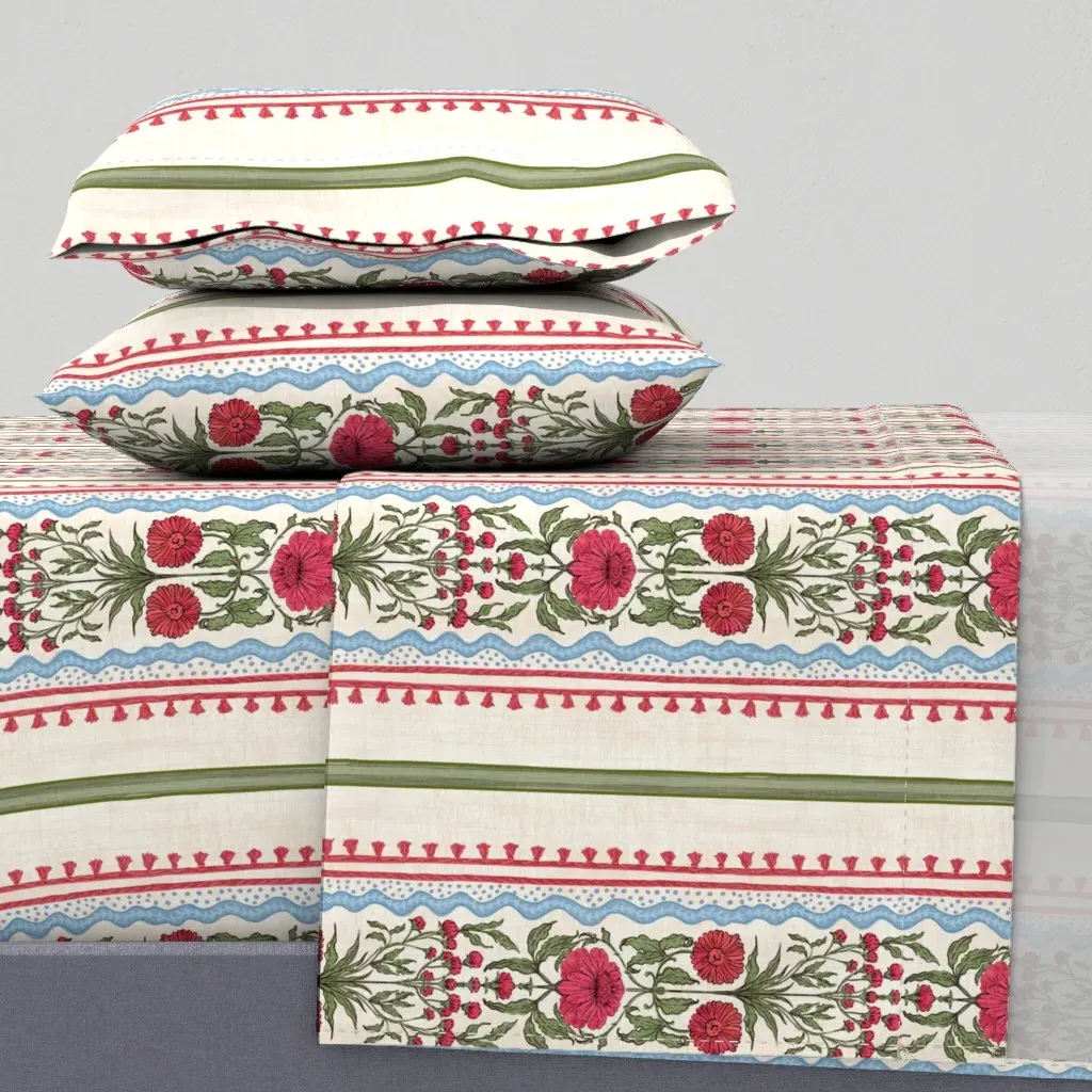 Indian Block Print Floral Stripe Twin Sheet Set - Pink product