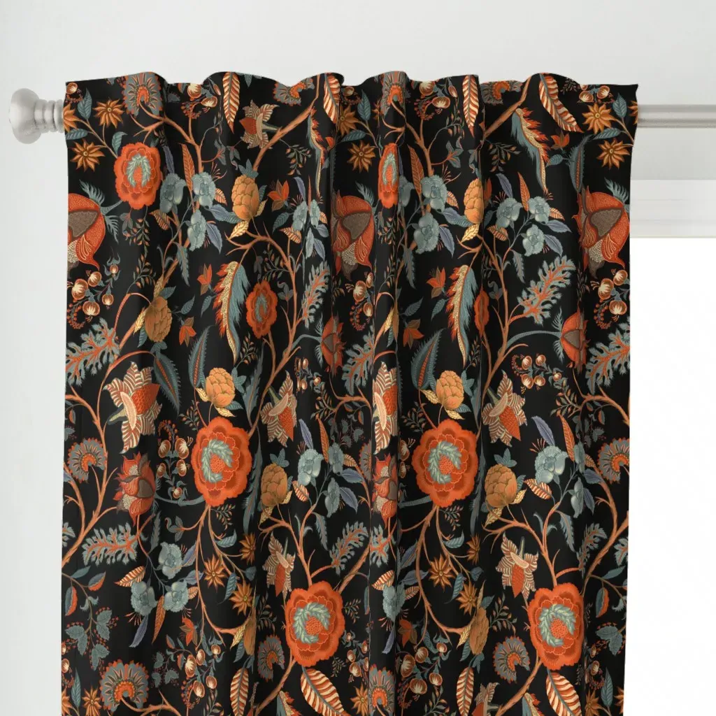 Indian Chintz On Black Curtain Panel - Crimson Red alternate view