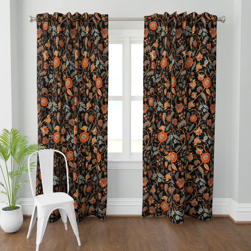 Indian Chintz On Black Curtain Panel - Crimson Red product