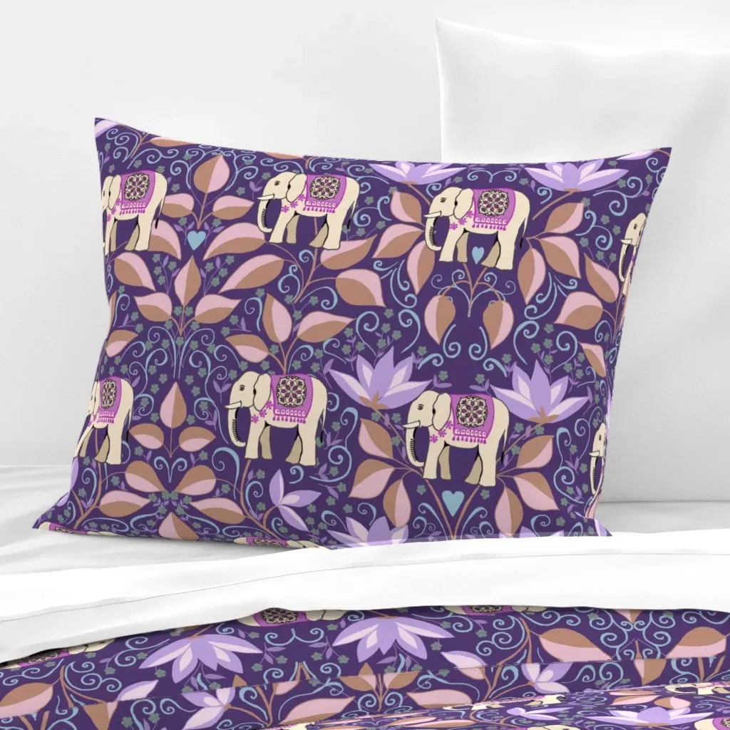 Indian Elephant Lotus Heritage Standard Knife Edge Pillow - Purple, Cotton Sateen product