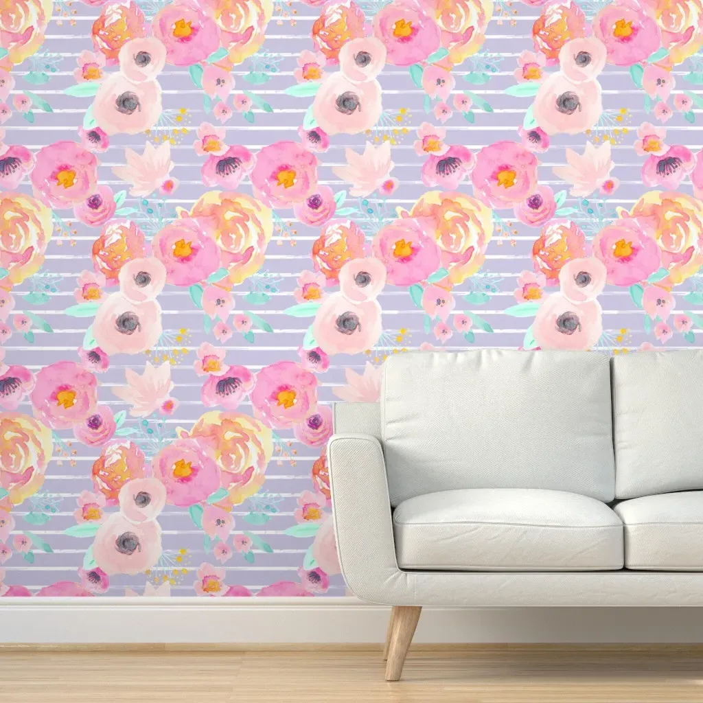 Indy Bloom Blush Florals Purple Stripe Peel and Stick Wallpaper - Pink product