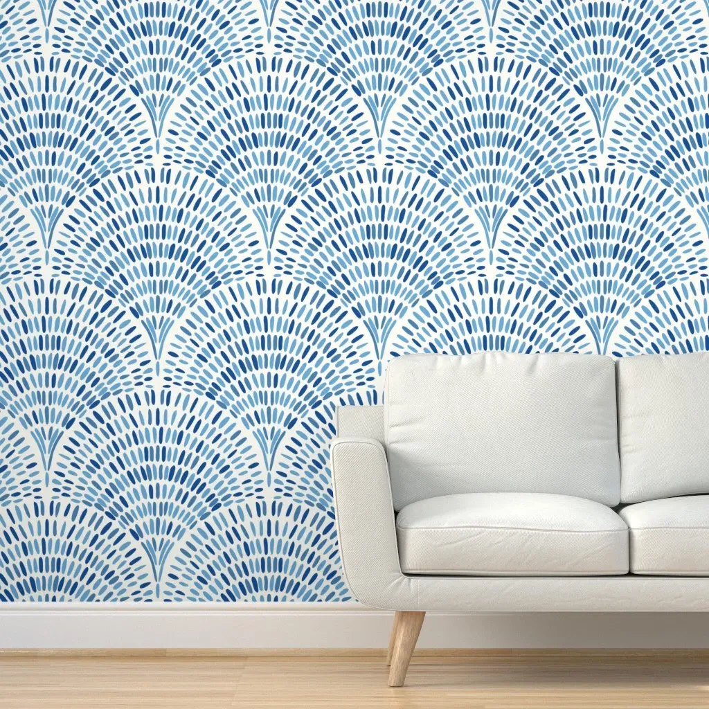 Ink Brush Strokes Art Deco Scallop Peel and Stick Wallpaper - Blue product