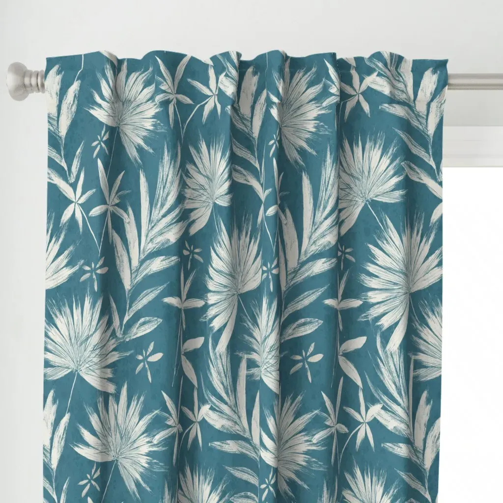 Ink Palms Teal and Linen Curtain Panel - Off-White alternate view