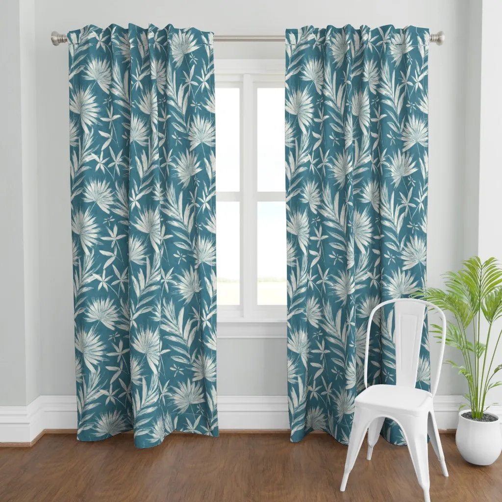 Ink Palms Teal and Linen Curtain Panel - Off-White product