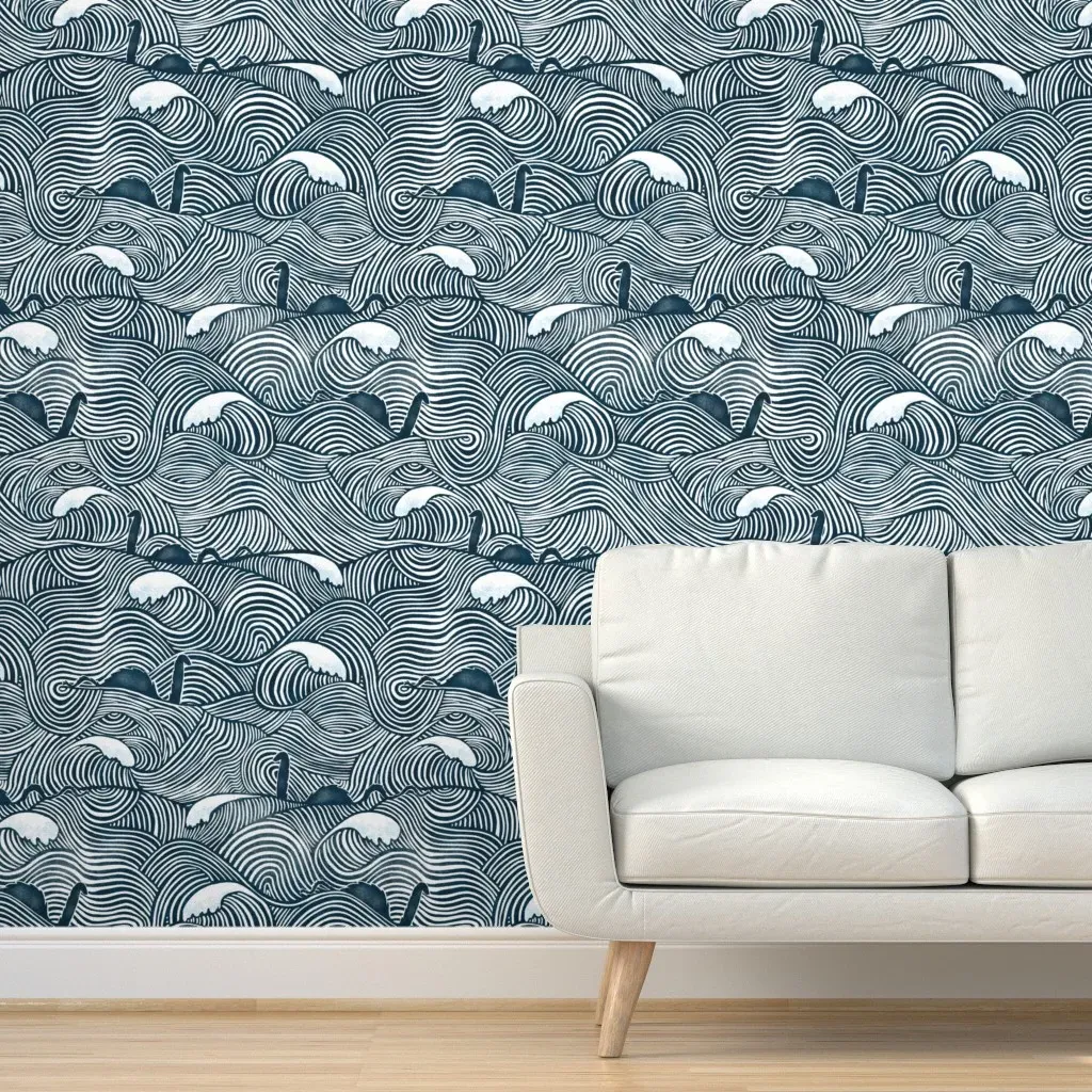 Inked Nessie Loch Ness Monster Peel and Stick Wallpaper - Blue, White product