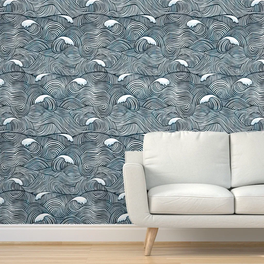 Inked Waves Peel and Stick Wallpaper - White, Blue product