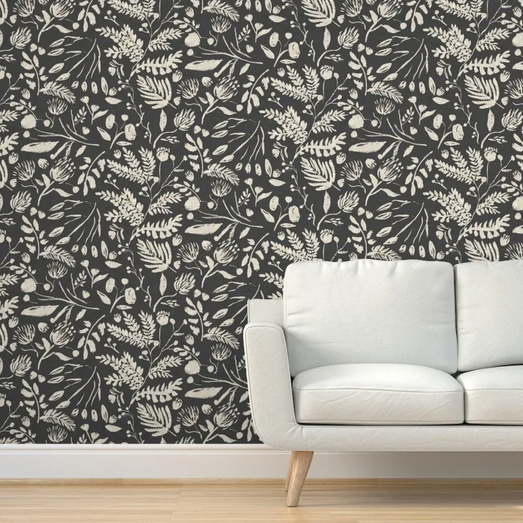 Inky Floral and Fauna Peel and Stick Wallpaper - Charcoal Black product