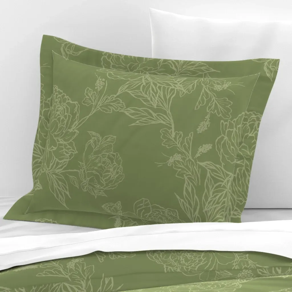 Inky Peonies Standard Flanged Pillowcase - Sage Green, Cotton Sateen product