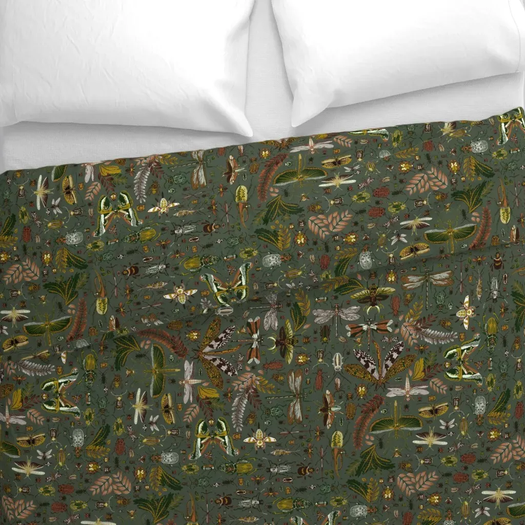 Insect Miscellany With Foliage Duvet Cover - Olive Green alternate view