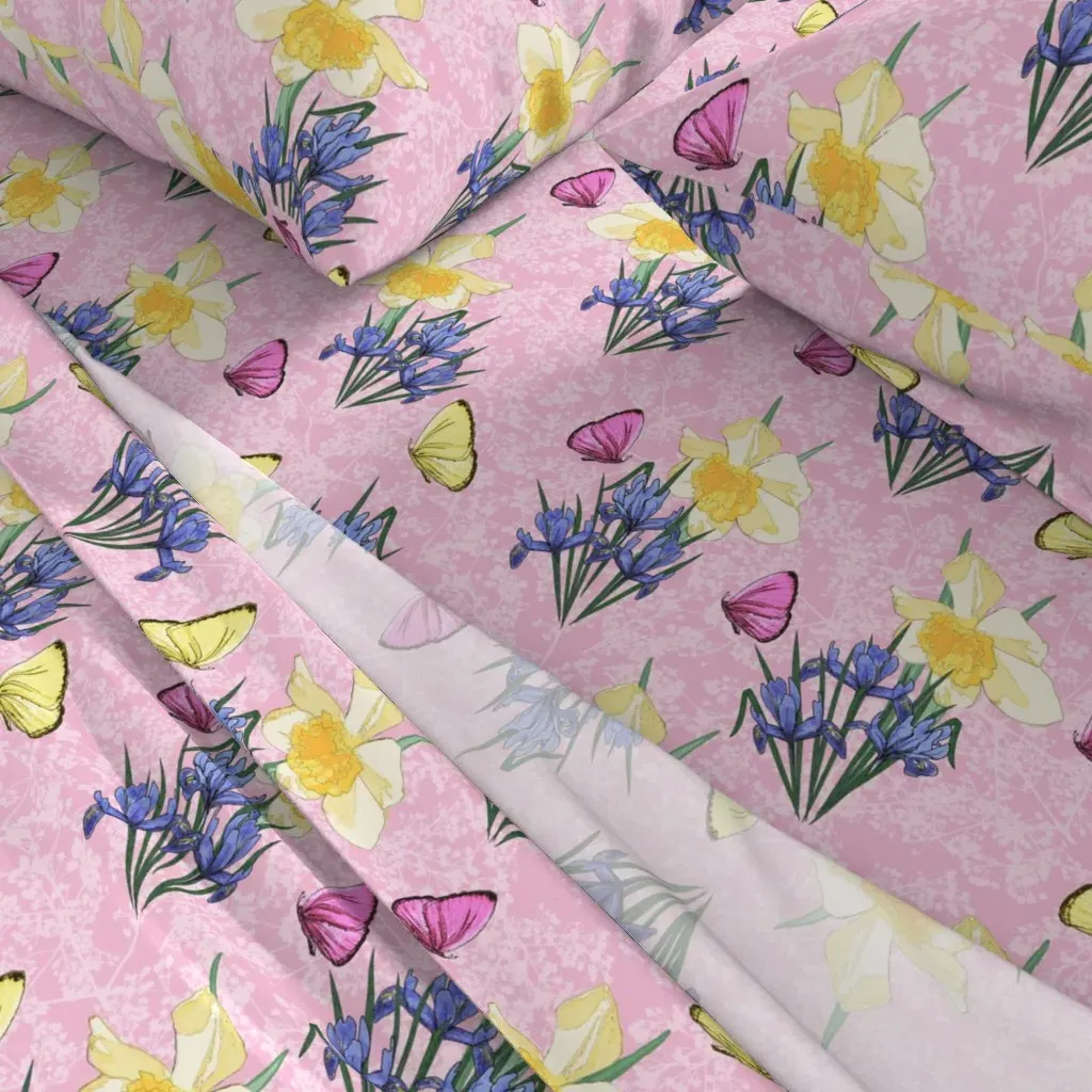 Iris And Daffodils In Spring On Pink Queen Sheet Set - Yellow alternate view