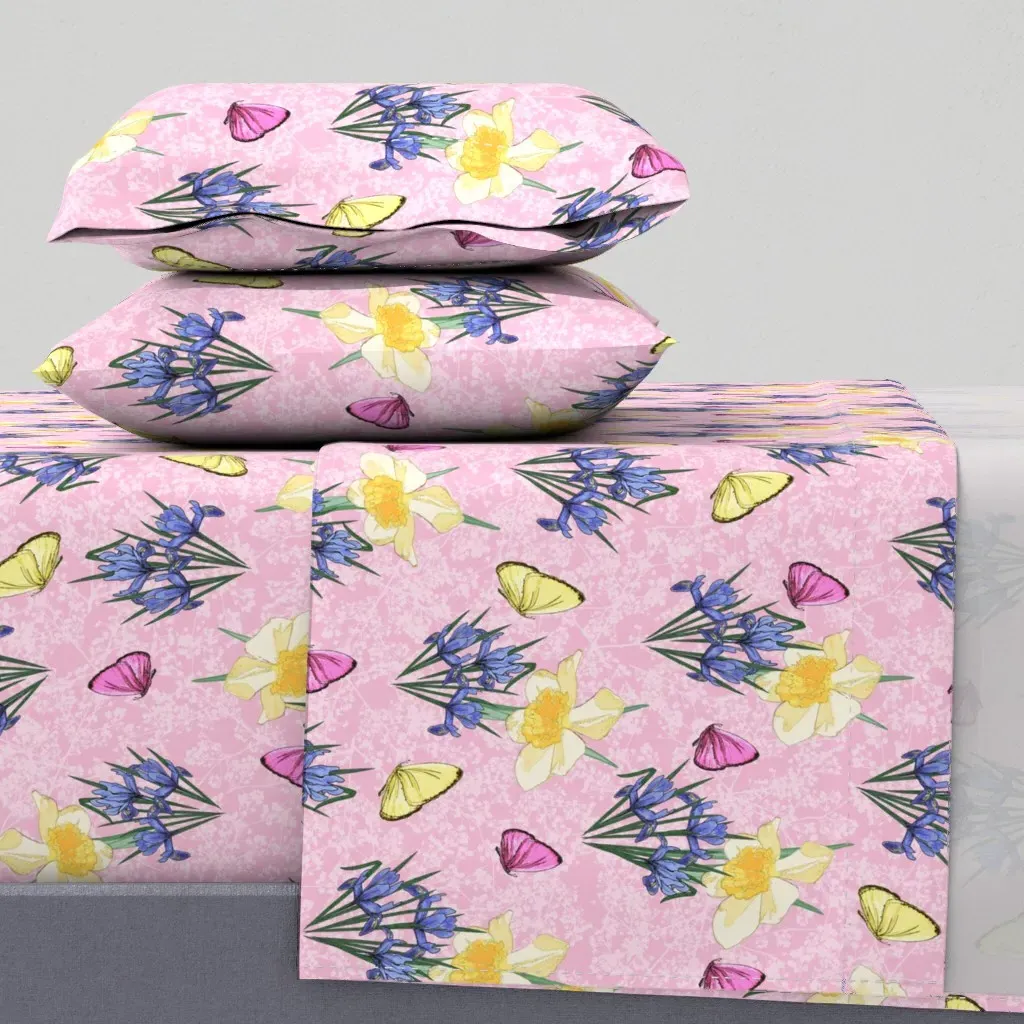 Iris And Daffodils In Spring On Pink Queen Sheet Set - Yellow product