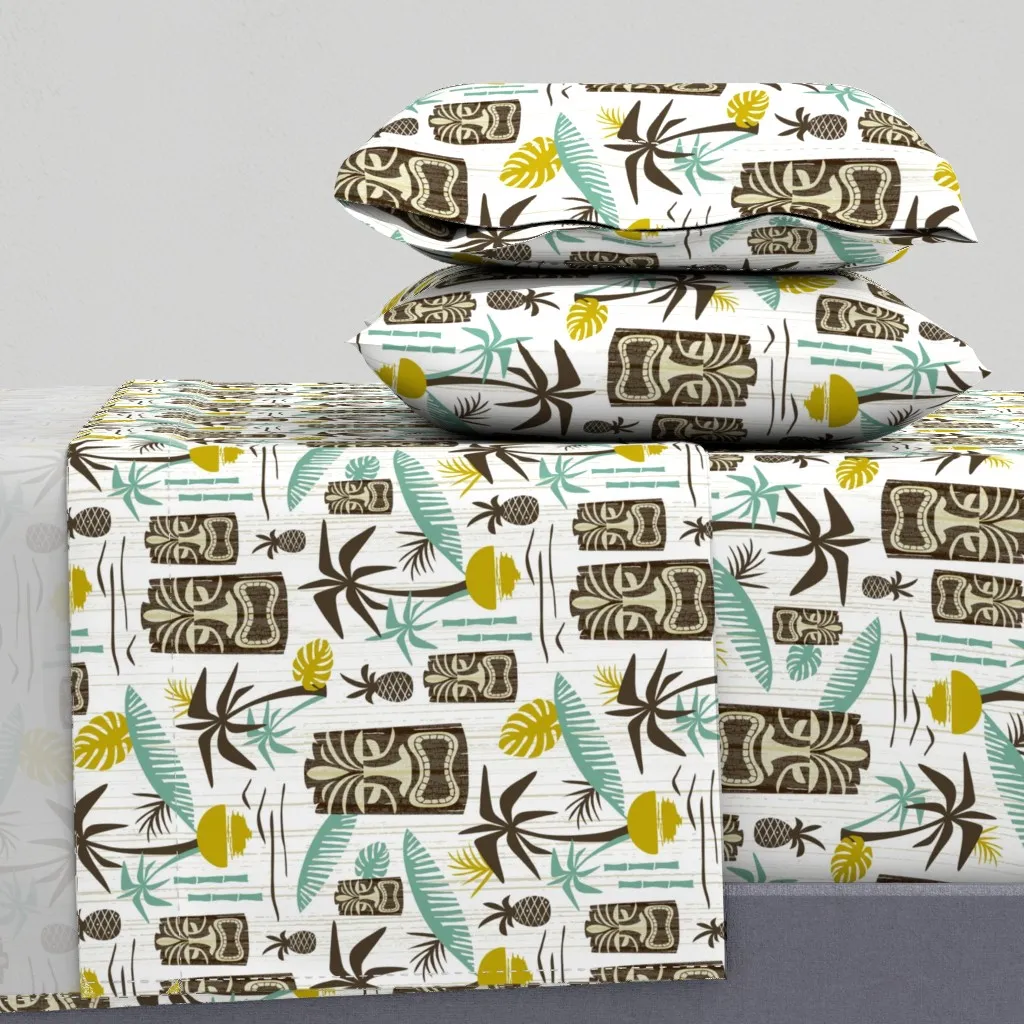 Island Tiki Mid Century Retro Tropical Hawaiian Full Sheet Set - Brown product