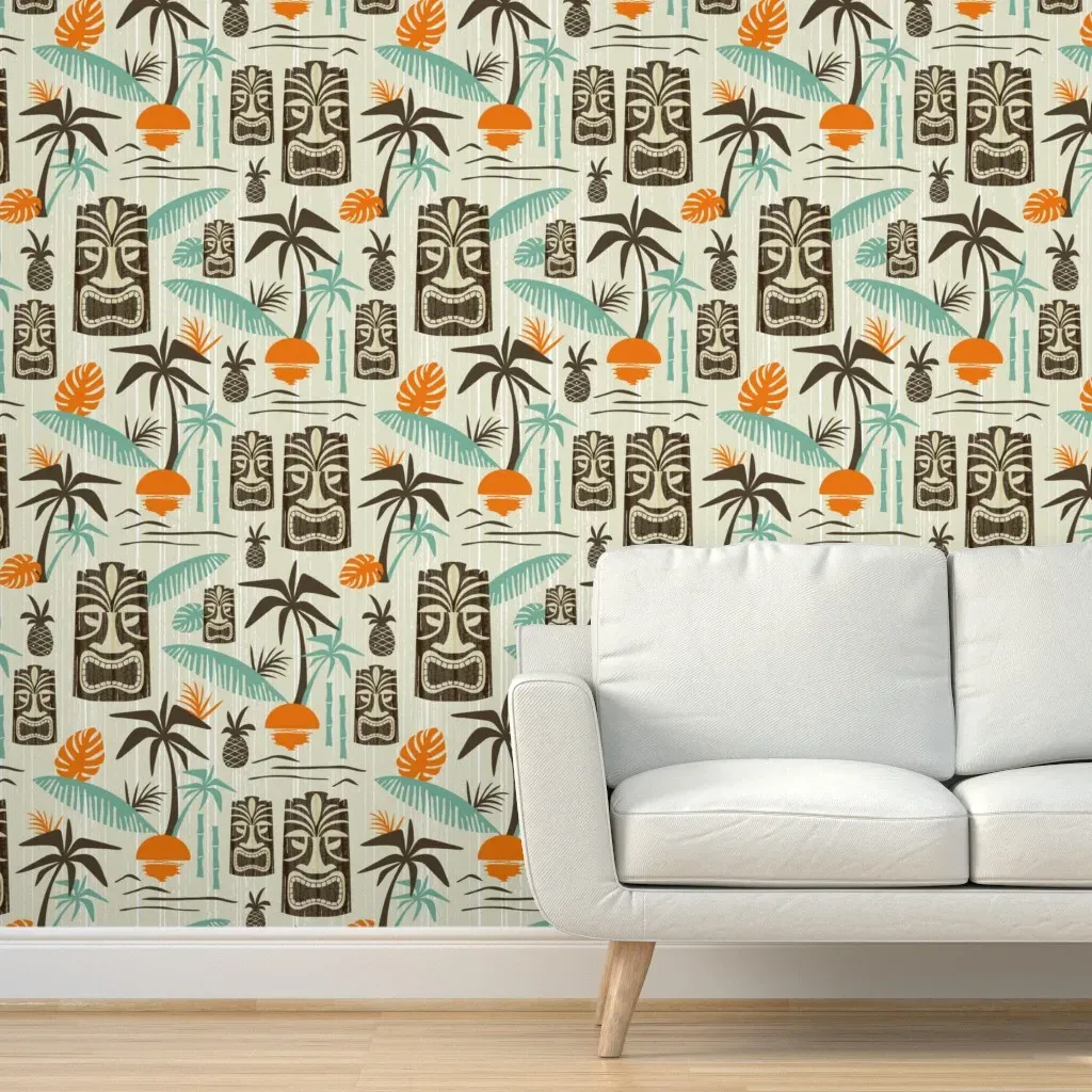 Island Tiki Mid Century Retro Tropical Peel and Stick Wallpaper - Beige Orange product