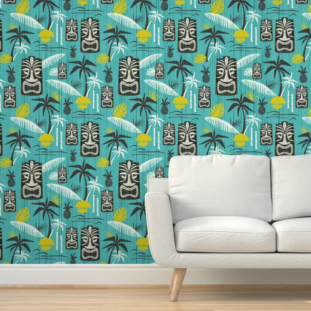 Island Tiki Retro Tropical Hawaiian Peel and Stick Wallpaper - Teal Olive product