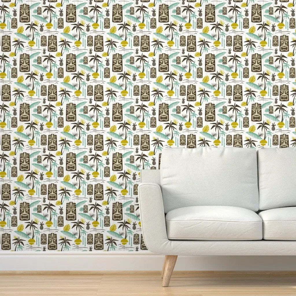 Island Tiki Retro Tropical Hawaiian Peel and Stick Wallpaper - White Olive product
