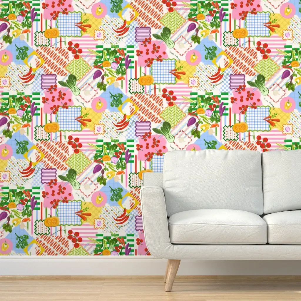 Italian Farmers Market Patchwork Collage Peel and Stick Wallpaper - Red product