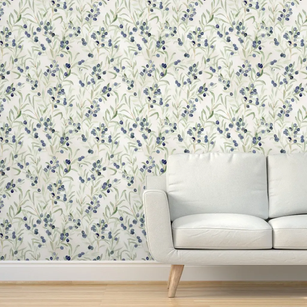Italian Villa Watercolor Olive Trees Peel and Stick Wallpaper - Dark Teal product