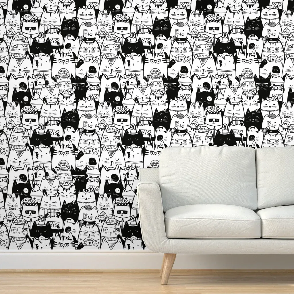 Itty Bitty Kitty Committee Peel and Stick Wallpaper - White, Black product