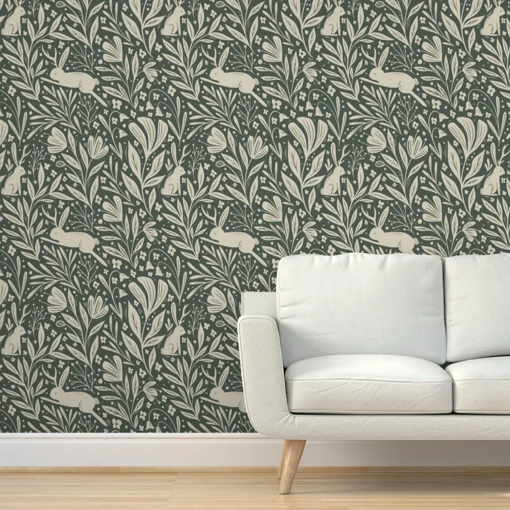 Jackalopes Antlered Rabbits In Flowers Peel and Stick Wallpaper - Green product