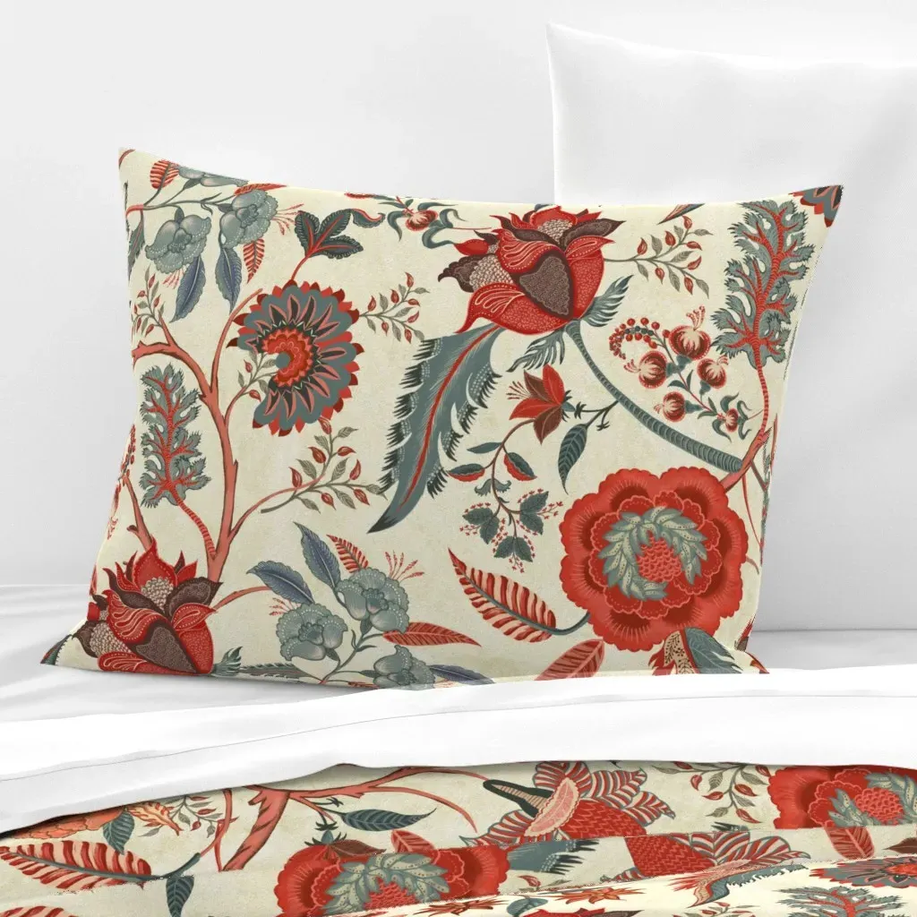 Jacobean Chintz Florals Standard Knife Edge Pillow - Red, Cotton Sateen product