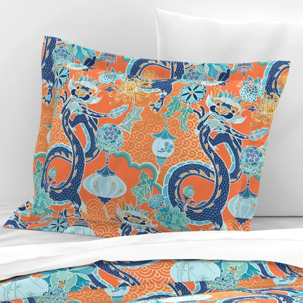 Jade Dragon Pavilion Standard Flanged Pillow Sham - Blue, Cotton Sateen product