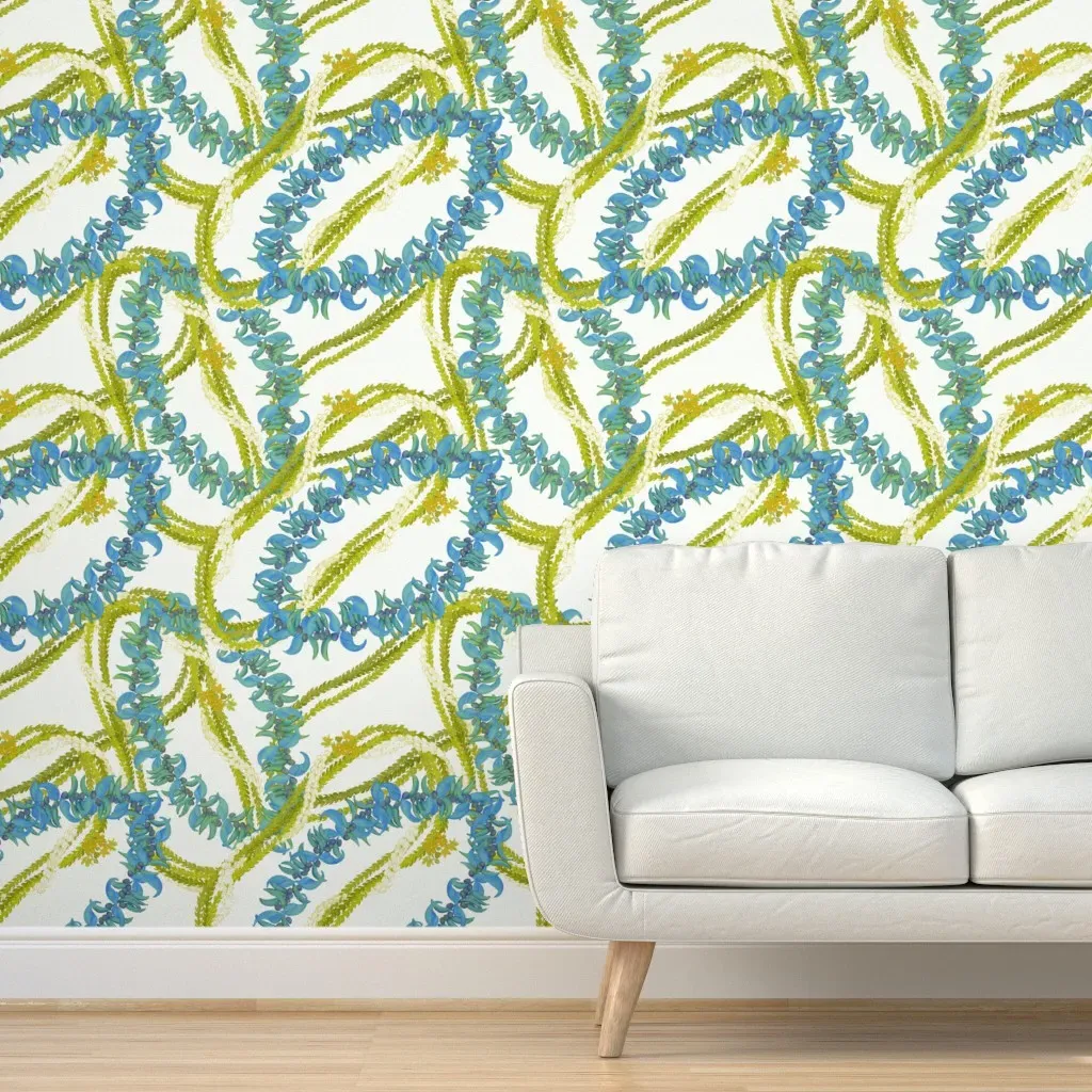 Jade Lei Pakalana and Pikake Lei Peel and Stick Wallpaper - Blue, White product