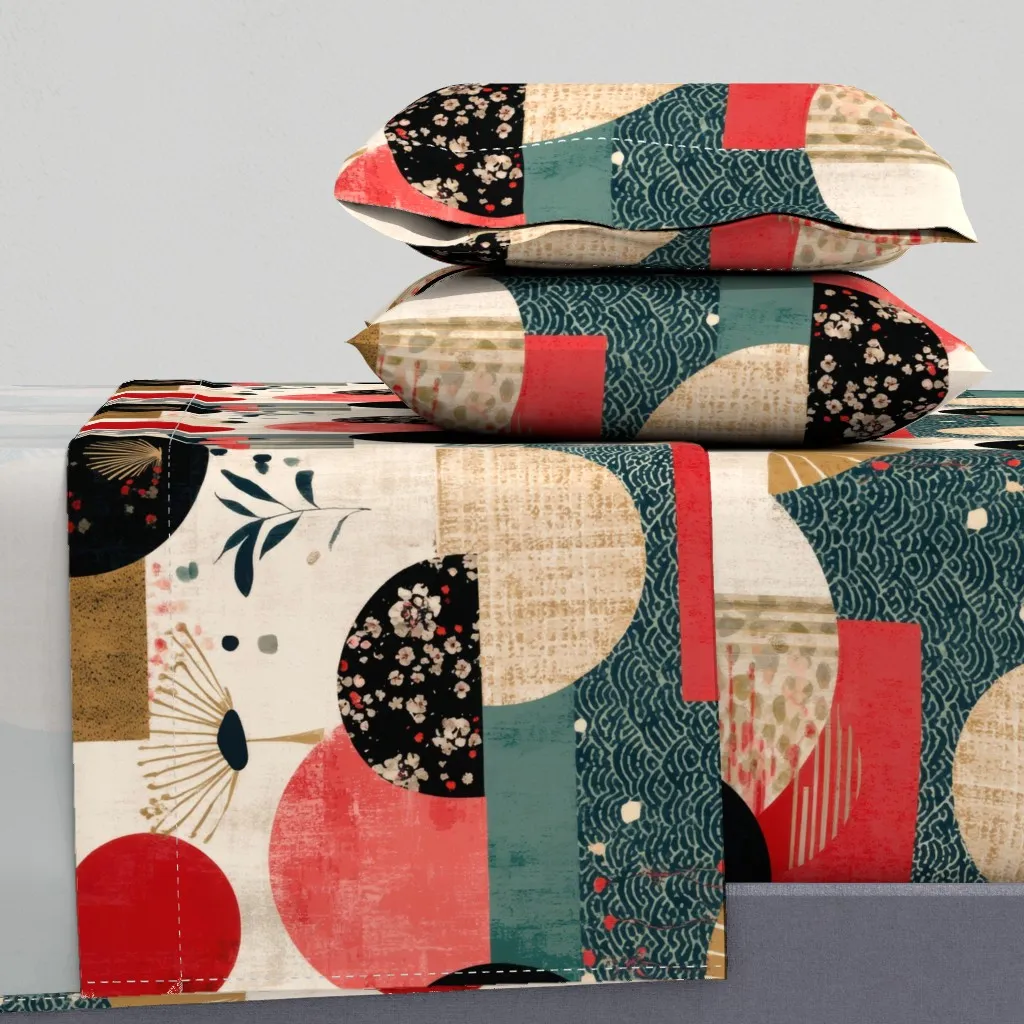 Japandi Abstract Queen Sheet Set - Red product