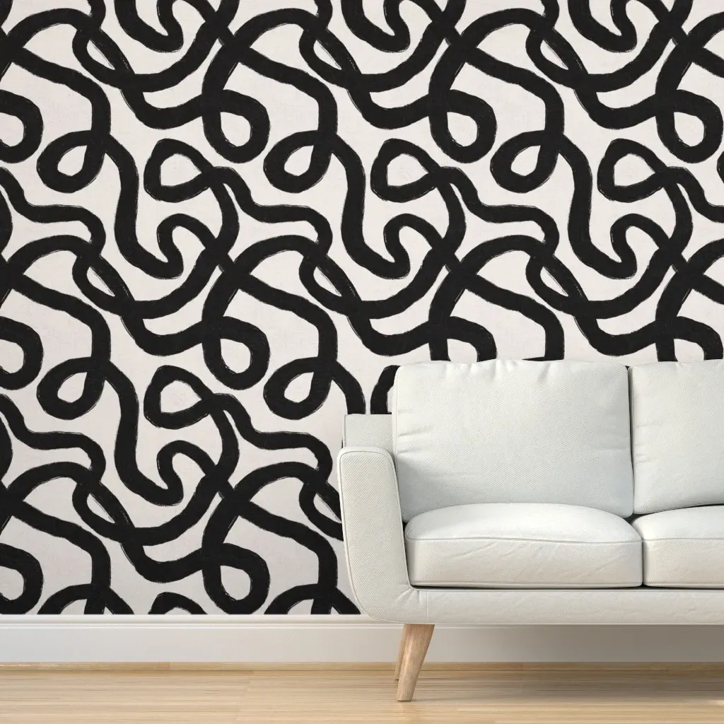 Japandi Abstract Squiggly Lines Peel and Stick Wallpaper - Black product