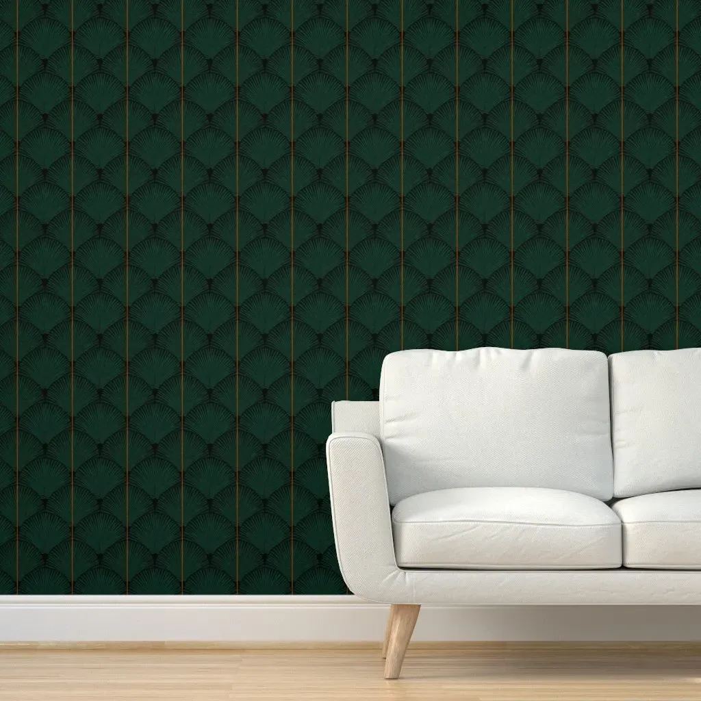 Japandi Art Deco Palms Peel and Stick Wallpaper - Dark Green product