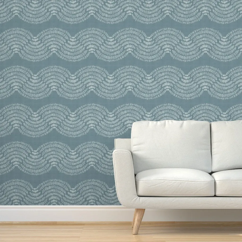 Japandi Coastal Linen Textured Waves Peel and Stick Wallpaper - Dusty Blue product