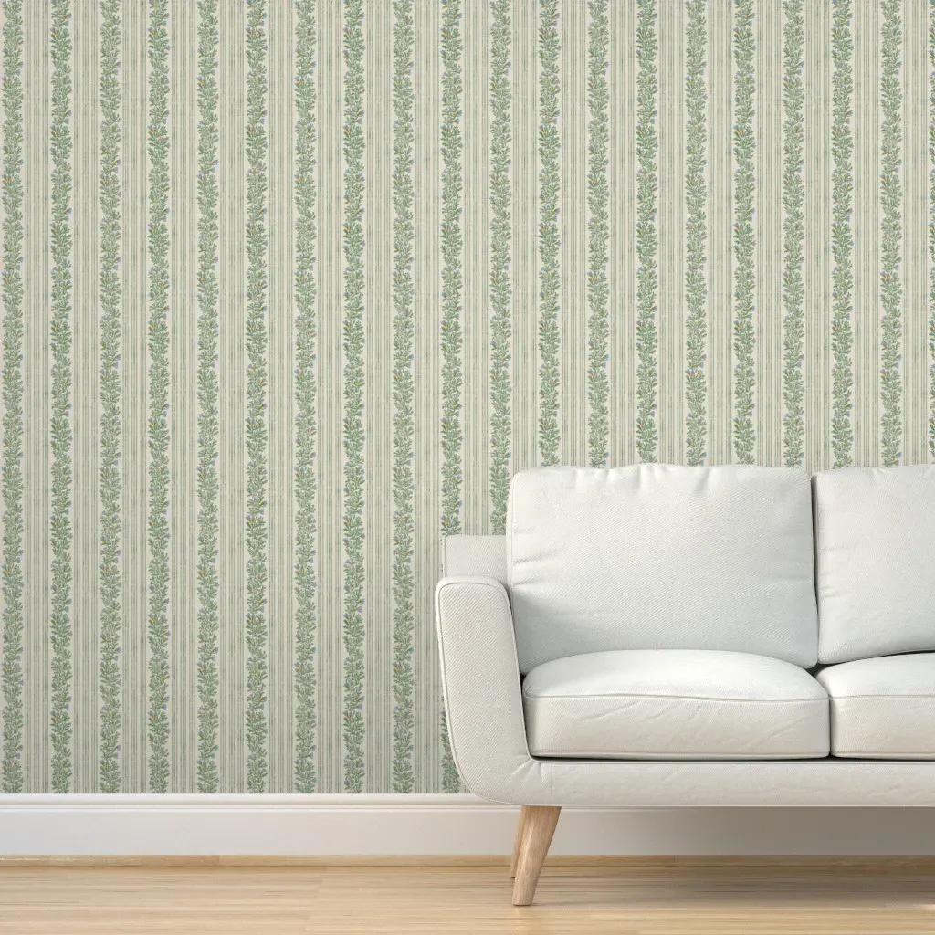 Japandi Farmhouse Floral Vine Stripe Peel and Stick Wallpaper - Leaf Green product