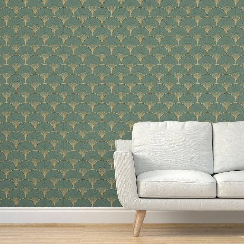 Japandi Feather Fan Peel and Stick Wallpaper - Sage Green, Gold product