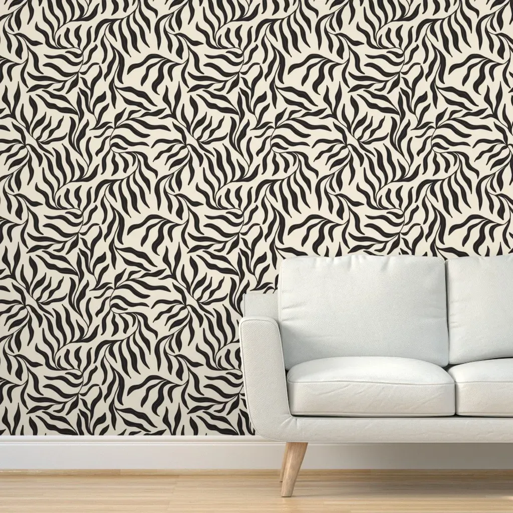 Japandi Flowing Leaves Peel and Stick Wallpaper - Black, Cream product