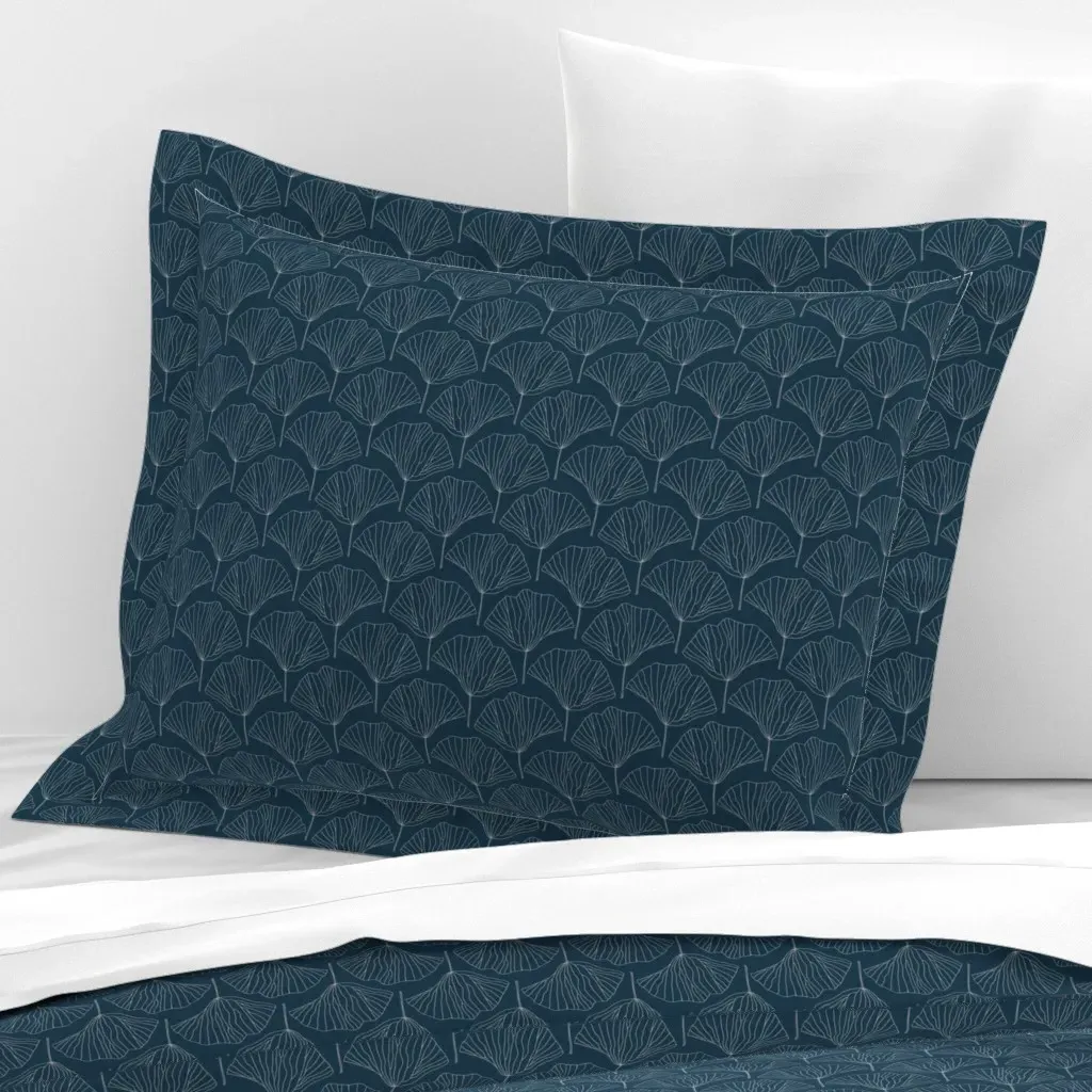 Japandi Ginkgo Leaf Scallop Standard Pillow Sham - Navy Blue, Cotton Sateen product