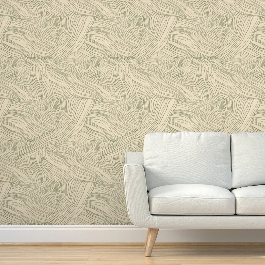Japandi Organic Abstract Hand Drawn Lines Peel and Stick Wallpaper - Sage Green product
