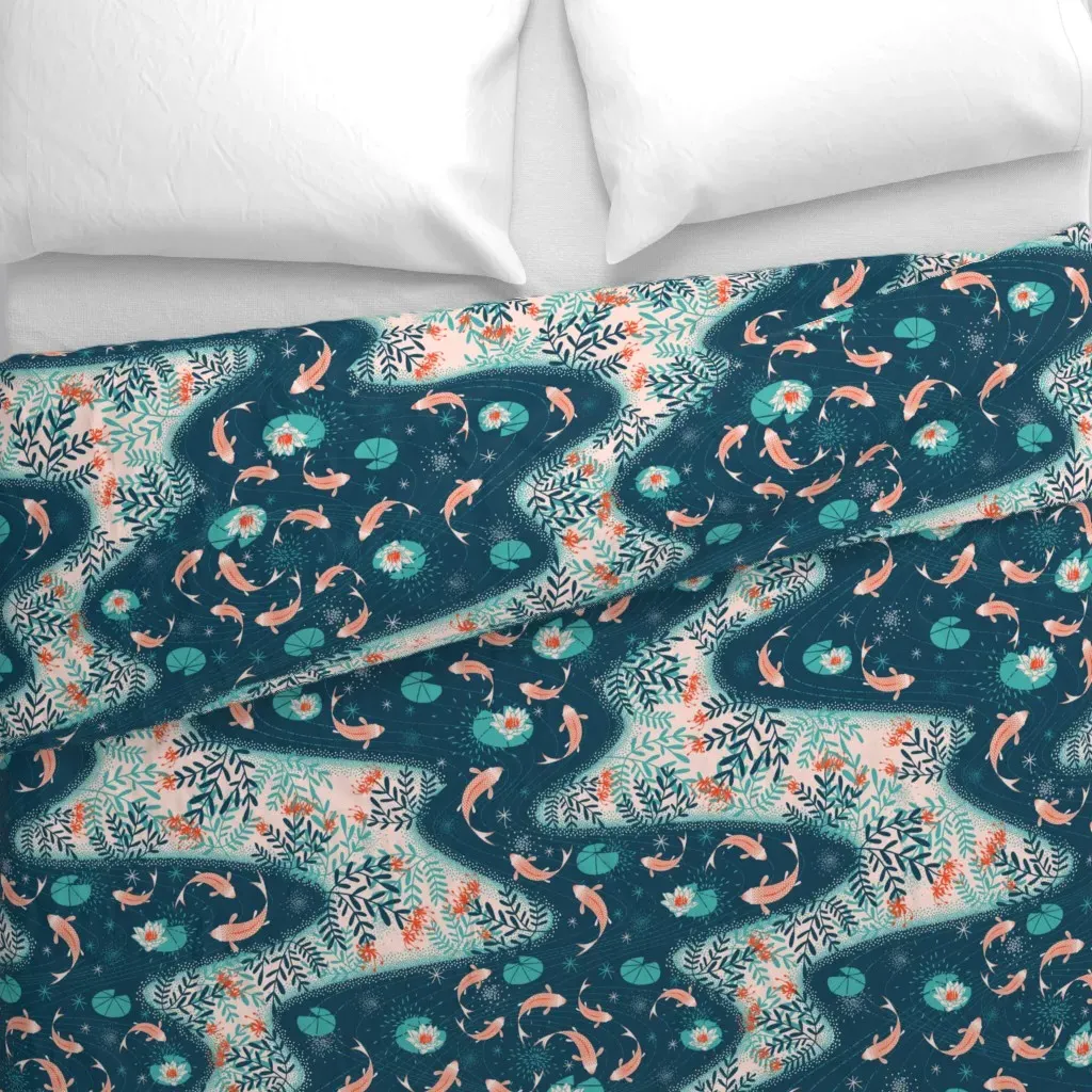 Japandi River With Koi Fish Duvet Cover - Teal alternate view