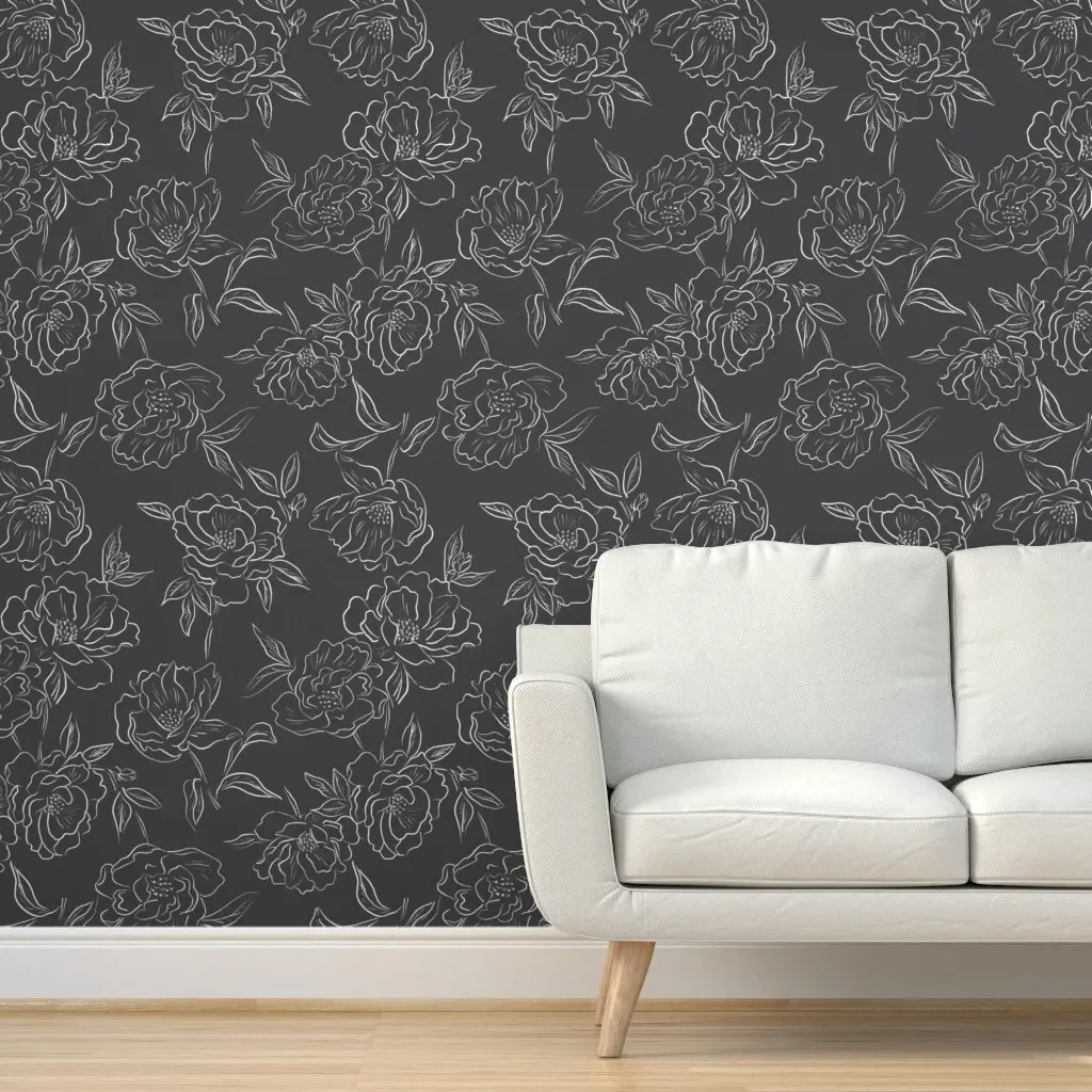 Japandi Sketched Peony Peel and Stick Wallpaper - Black and White product